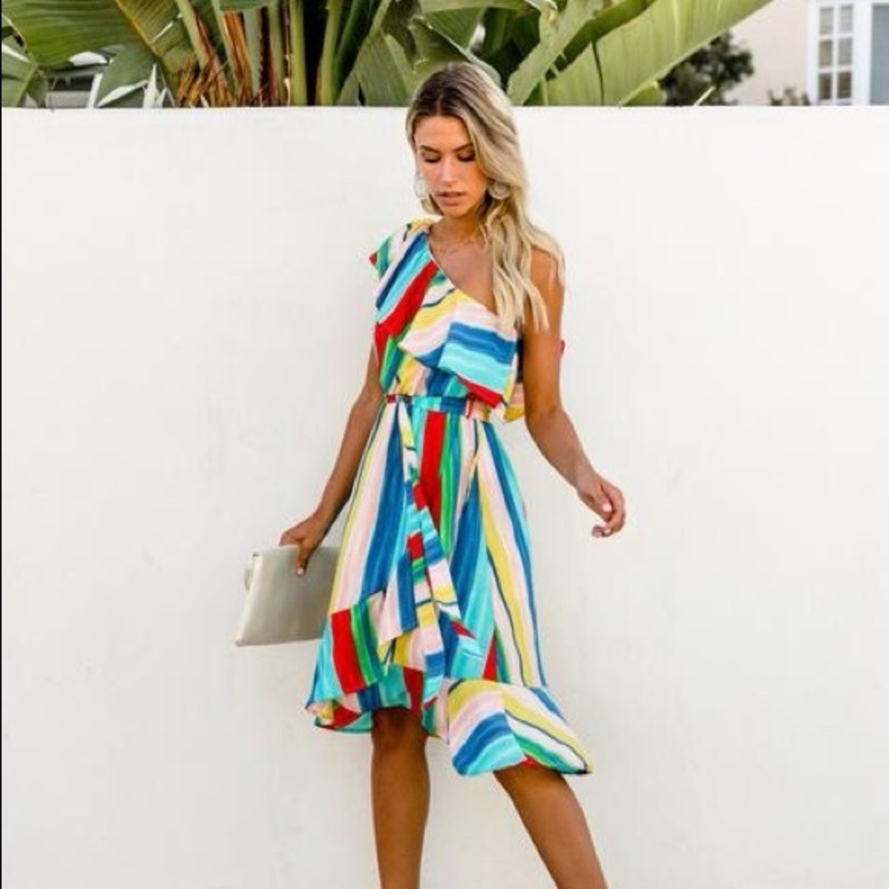 Rainbow Ruffle One Shoulder Stripe Midi Dress Cali Girl Dopamine Dressing M - Picture 5 of 14